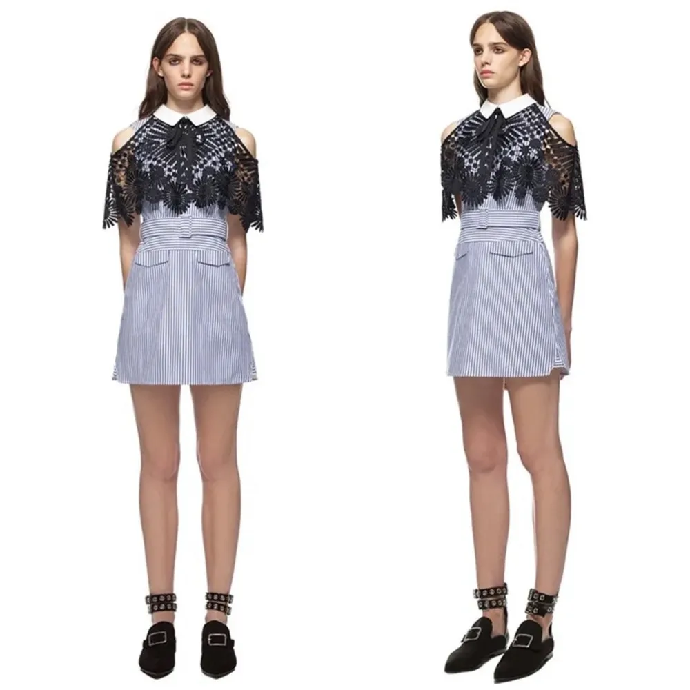 FEW MODA • Shirting Lace Cape Mini Dress blue white striped black open shoulder - Image 3