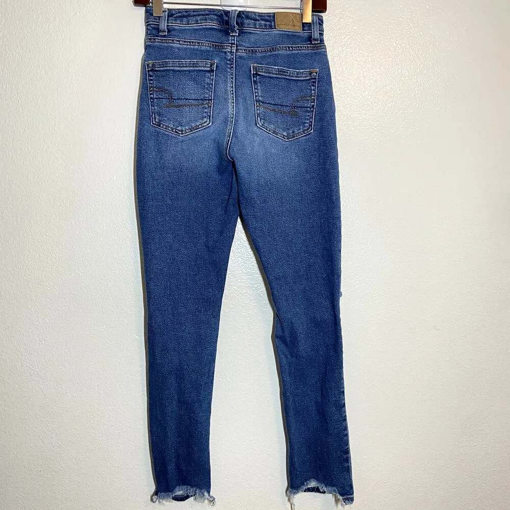 American Eagle Mom Jean Stretch Dark Wash Distressed High Rise Raw Hem 00 Blue - Image 8