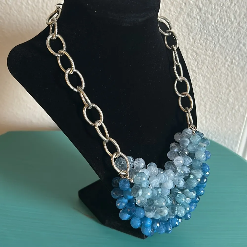 Faceted Ocean Blues Statement Necklace on Silver Tone Oval Link Chain - Image 2