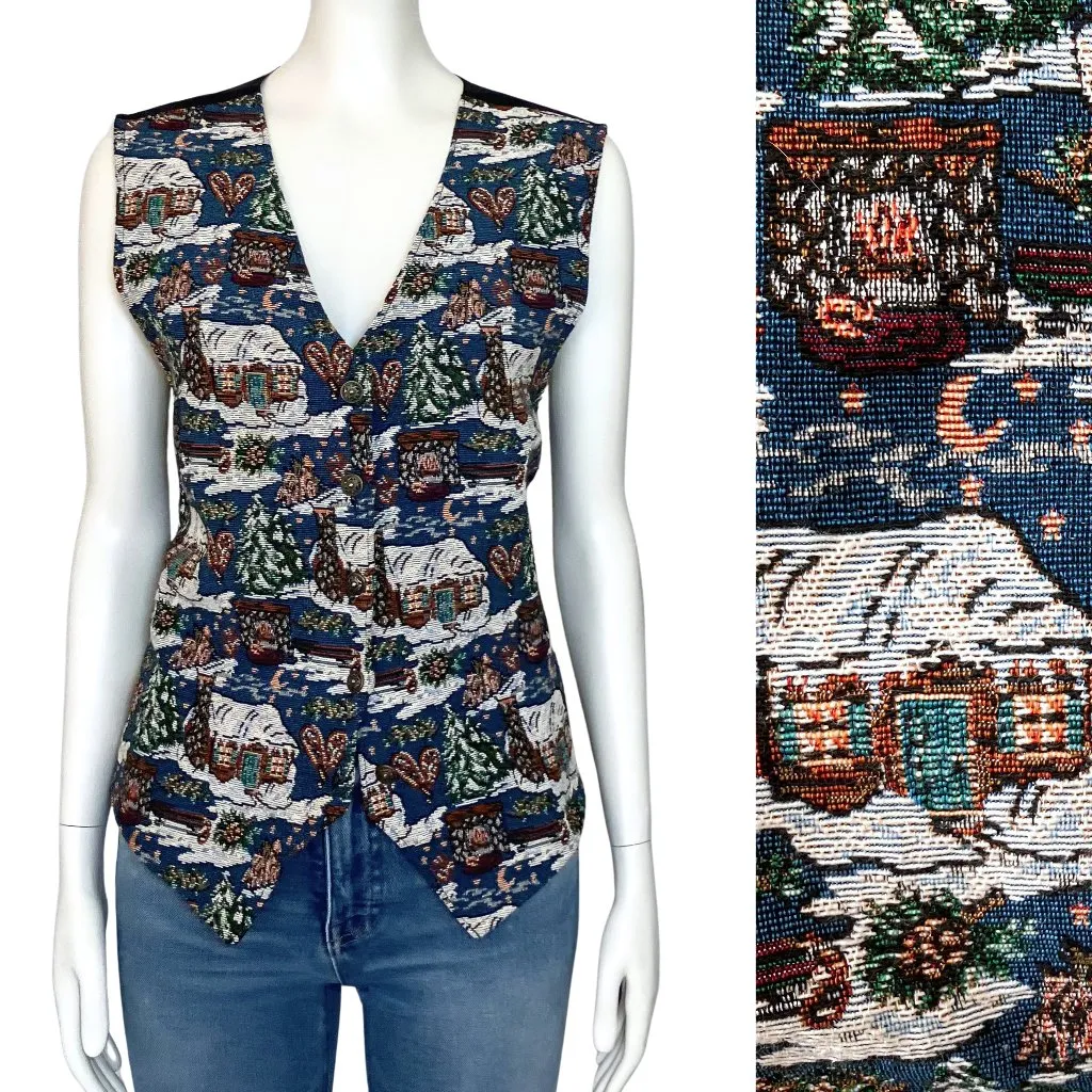 Vintage 90s Christmas Village Embroidered Cottagecore Retro Vest Large Kitschy - Image 2