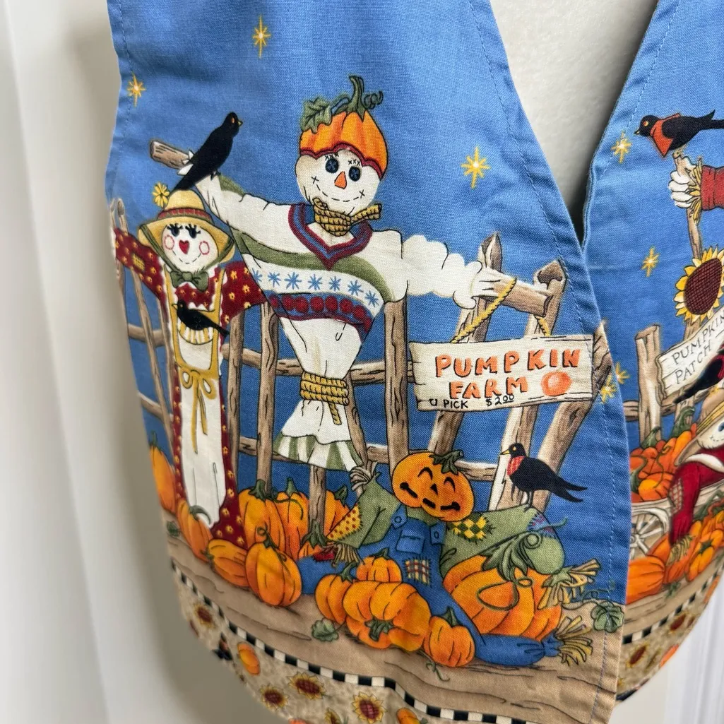 Vintage Handmade Reversible Pumpkin Patch Vest Scarecrows NO Size Approx Large Blue - Image 3