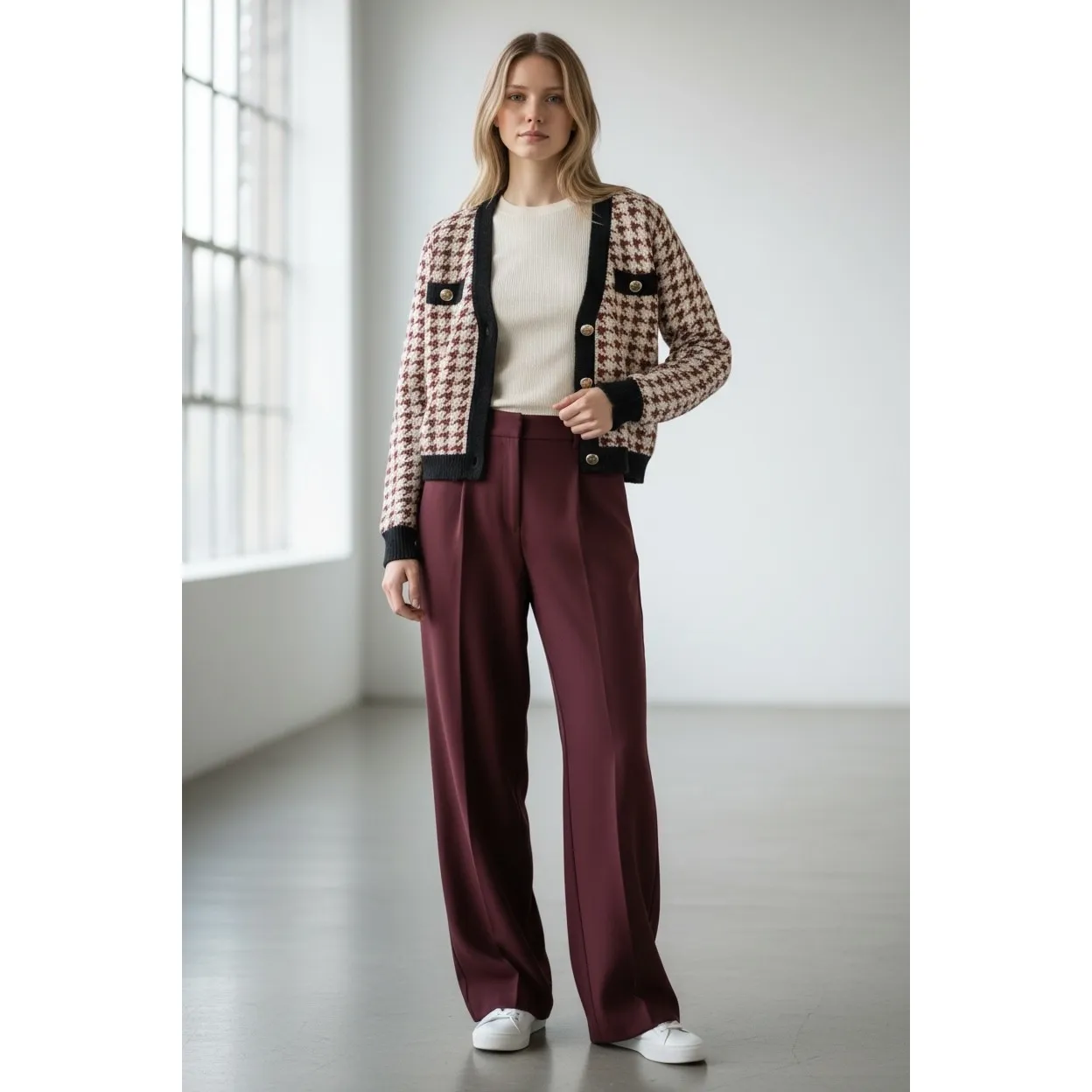 Maeve Anthropologie Houndstooth Cardigan Gold Button Black Trim Preppy Size xs - Image 9