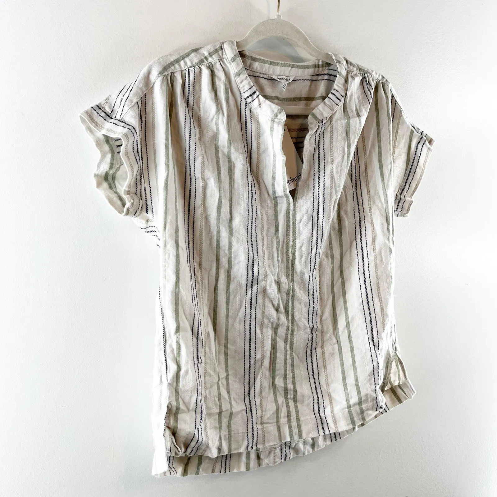 Splendid Short Sleeve Linen Blend Striped Basic Tee Shirt Top Blouse Tan XS - Image 7