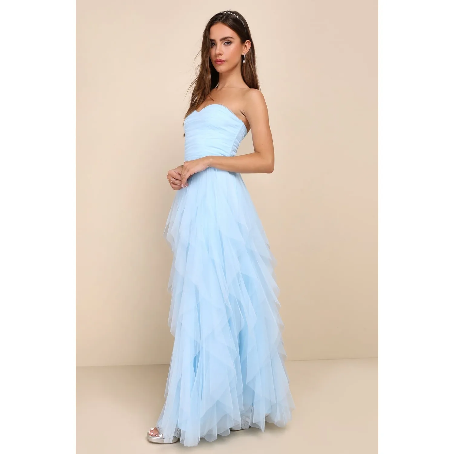 NWT Lulus Delightful Beauty Blue Mesh Strapless Ruched Ruffled Maxi Dress Sz S - Image 6