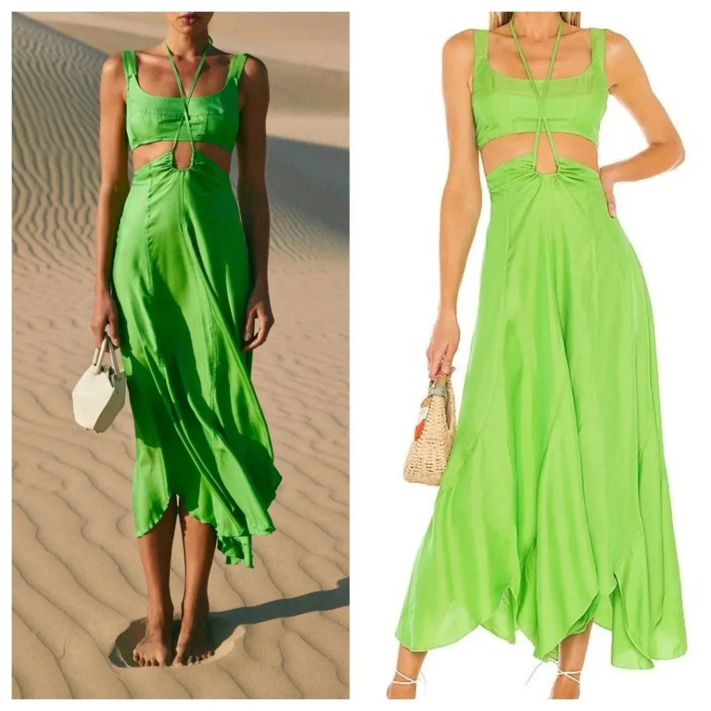 Cult Gaia Eileen Dress XS Green Silk Rayon Side Cutout Back Zip Revolve - Image 4