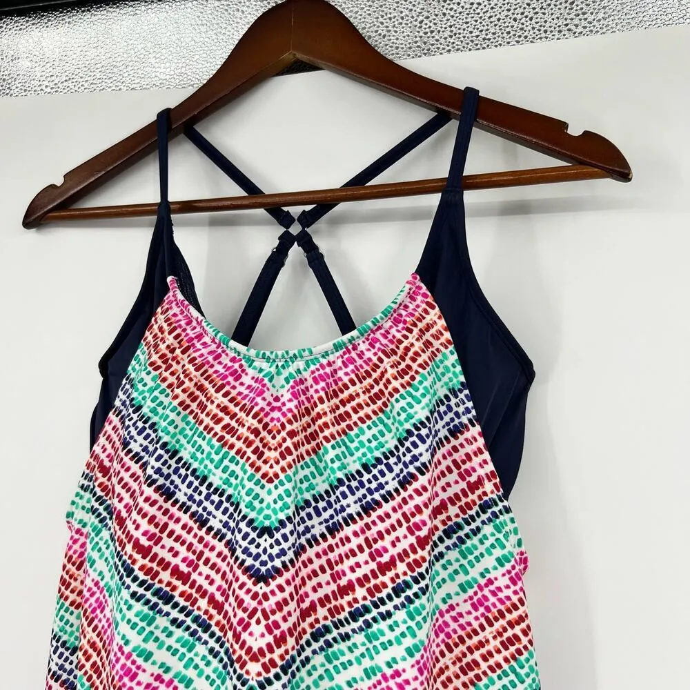 Athleta Moxie Blousy Tankini Swim Top Women's Blue GreenRed Pink size 34D/ DD - Image 6