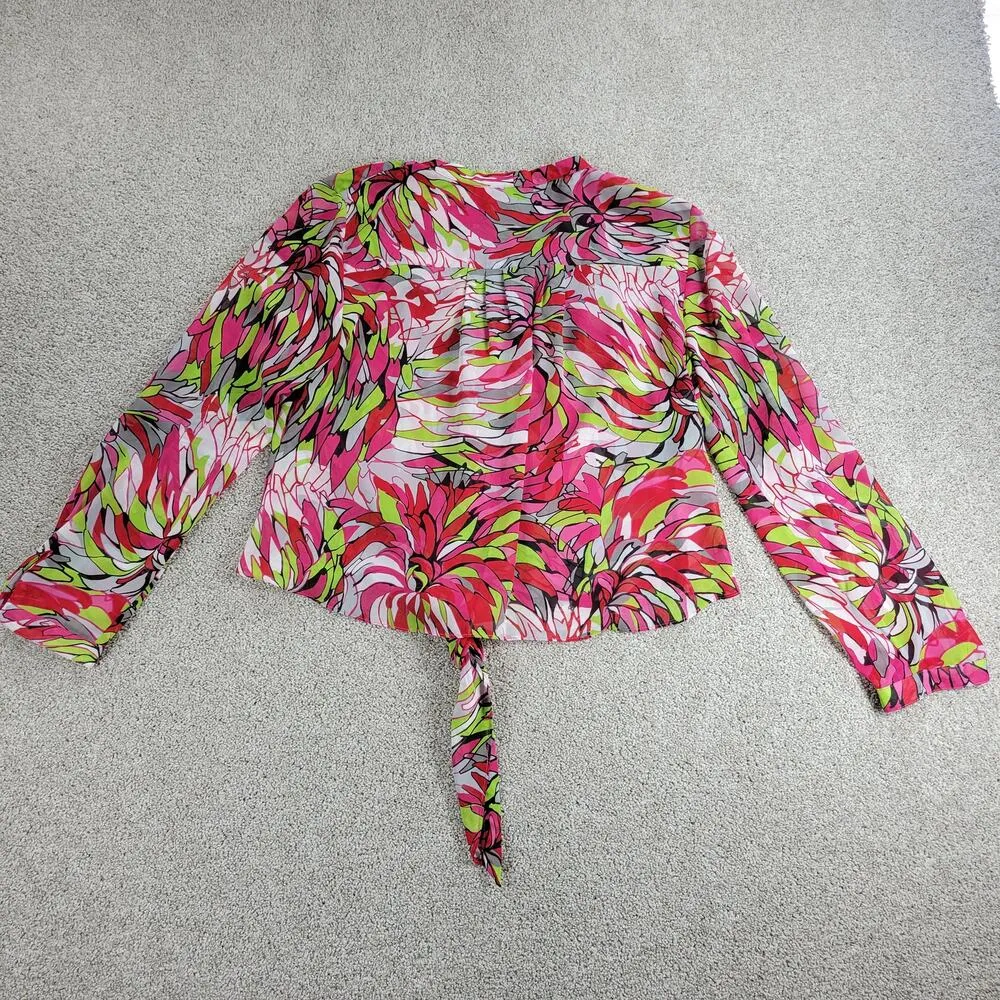 Nue Options Bloluse Womens PXL Pink Green Abstract Floral Button Up Tie Hem Fun Size undefined - Image 2