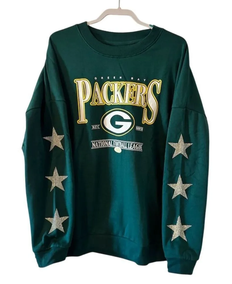 Green Bay Packers NFL Women's Rhinestone Sleeve Sweatshirt Green Size Large - Image 1