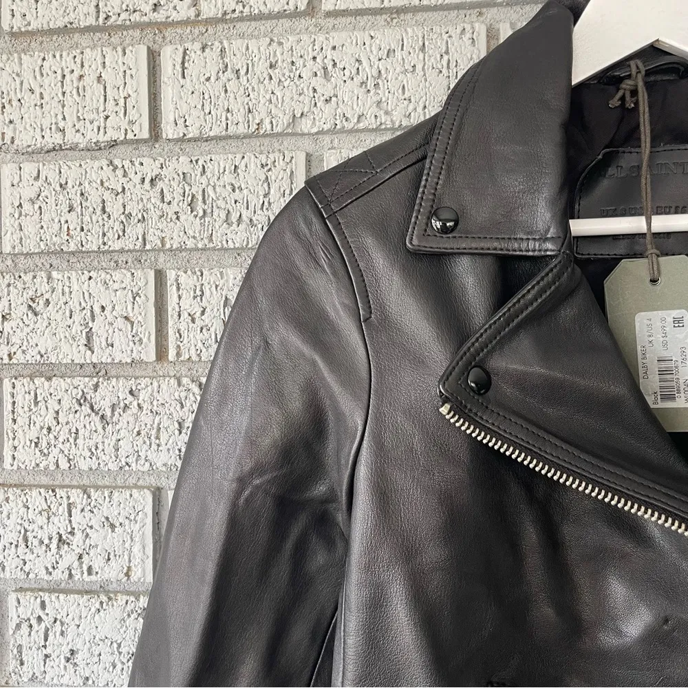 NWT AllSaints Dalby Slim Fit Leather Biker Jacket Black Size 4 - Image 7