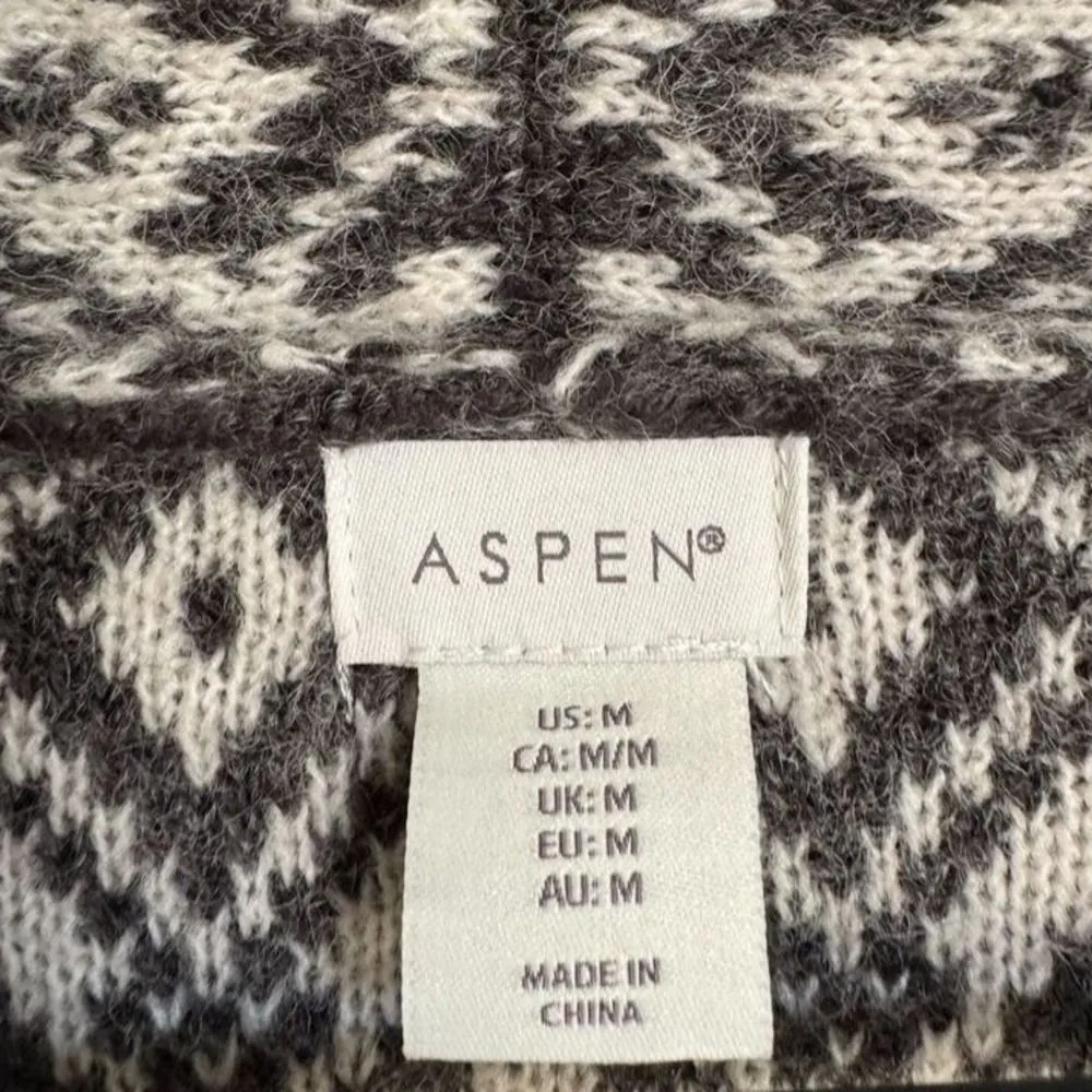 ASPEN Womens Wool Chunky Gray Fair Isle Nordic Open Front Sweater sz M Cabincore Red Size M - Image 5