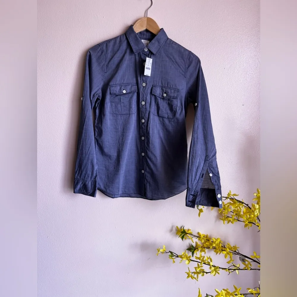 J Crew Shirt Womens Sz S Blue 100% Cotton Chambray Button Up Roll Tab Sleeve - Image 5