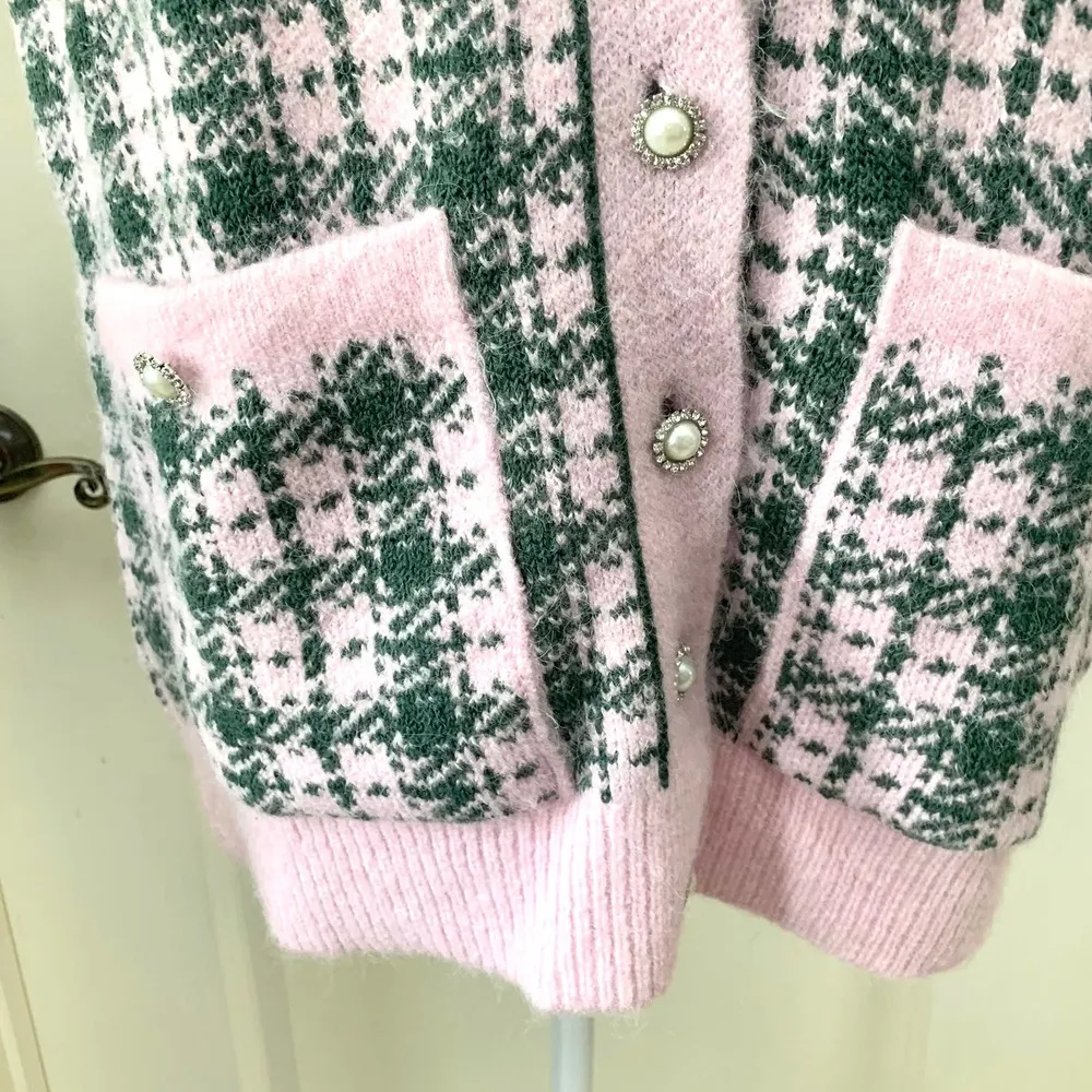 NWOT Zara Plaid Knit Vest with Pearl Buttons in Pink / Green Women's M - Image 7