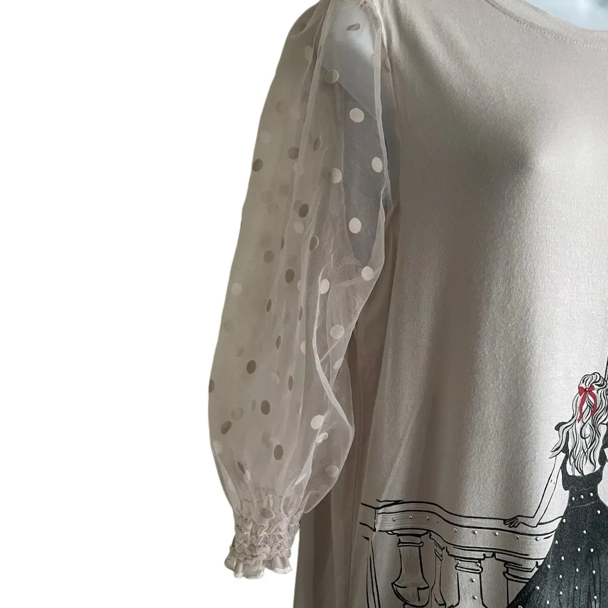 Love‎ & Lace Women Top S Eiffel Tower Sheer Net Sleeve Paris Graphic Multi Media - Image 6