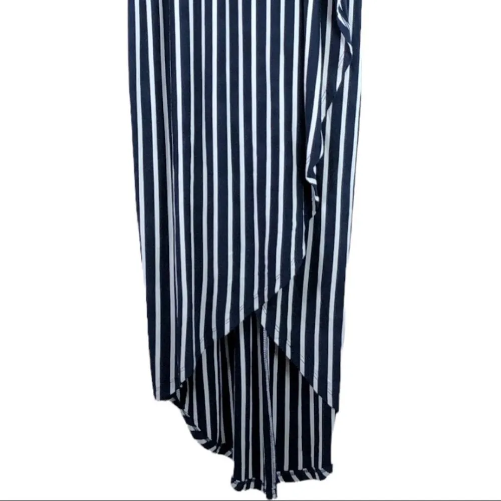 Anthro. Sundays in Brooklyn - Navy / White Striped Asymmetrical Faux Wrap Dress - Image 4
