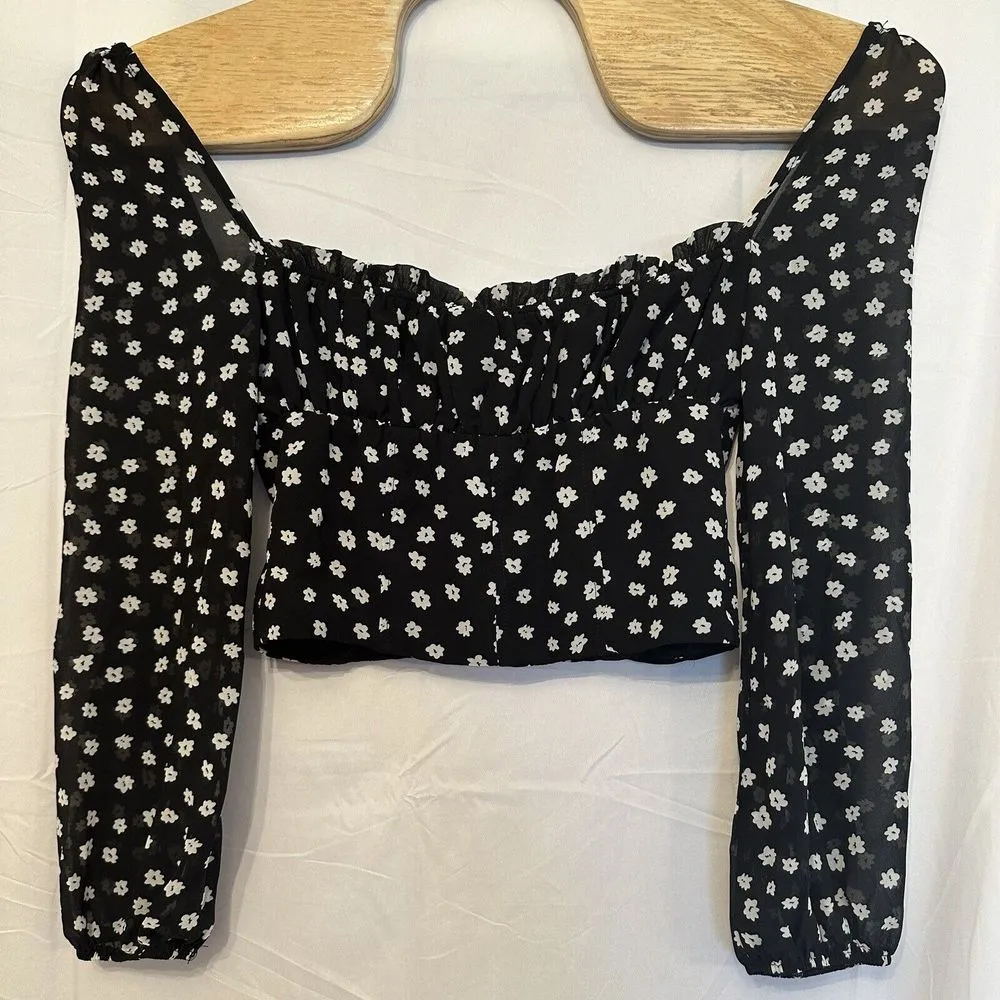 Princess Polly Size 6 Black White Floral Long Sleeve‎ Wire Bustier Crop Top - Image 3