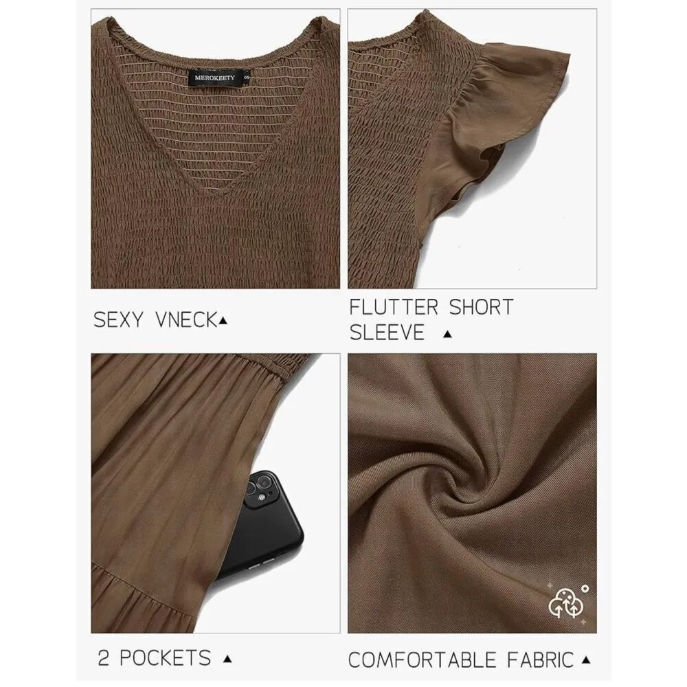 NEW Flutter Sleeve Smocked Midi Dress V Neck Tiered Dress w/ Pockets S - Image 3