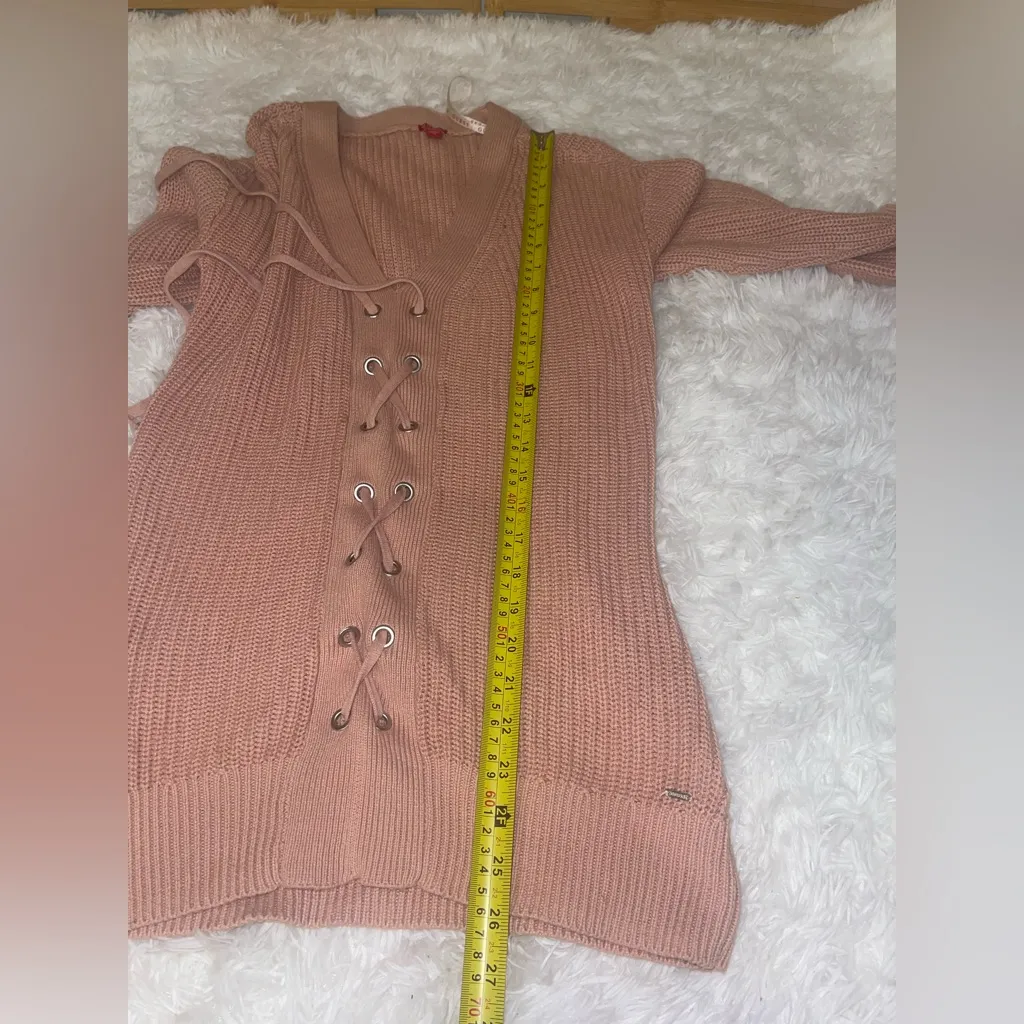 Guess pink cable knit v-neck sweater tie lace up front woman’s size small - Image 7