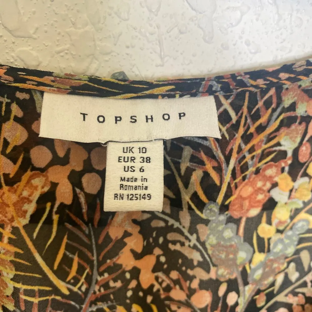 Topshop Surplice Neck Ruffle Sheer Mini Dress Forest Print Lined EUC Sz 6 - Image 2