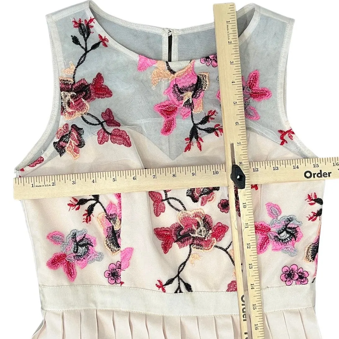 Little Mistress Cream Red Pink Embroidered Flowers Accordion Pleat Midi Dress 6 - Image 3