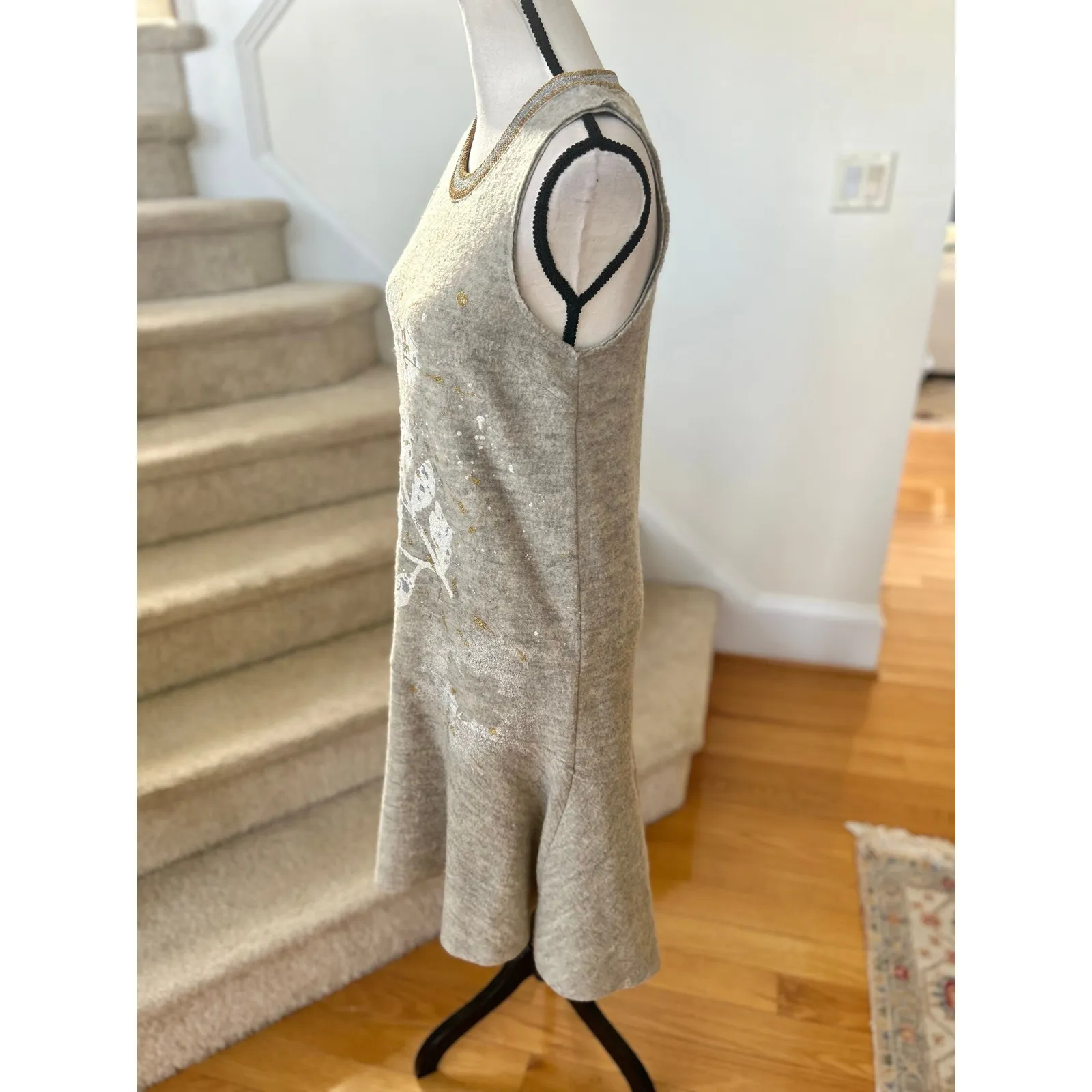 Vintage Anthropologie Knitted Knotted Grey Wool Shift Floral Sweater Dress Twee Gray Size XS - Image 3