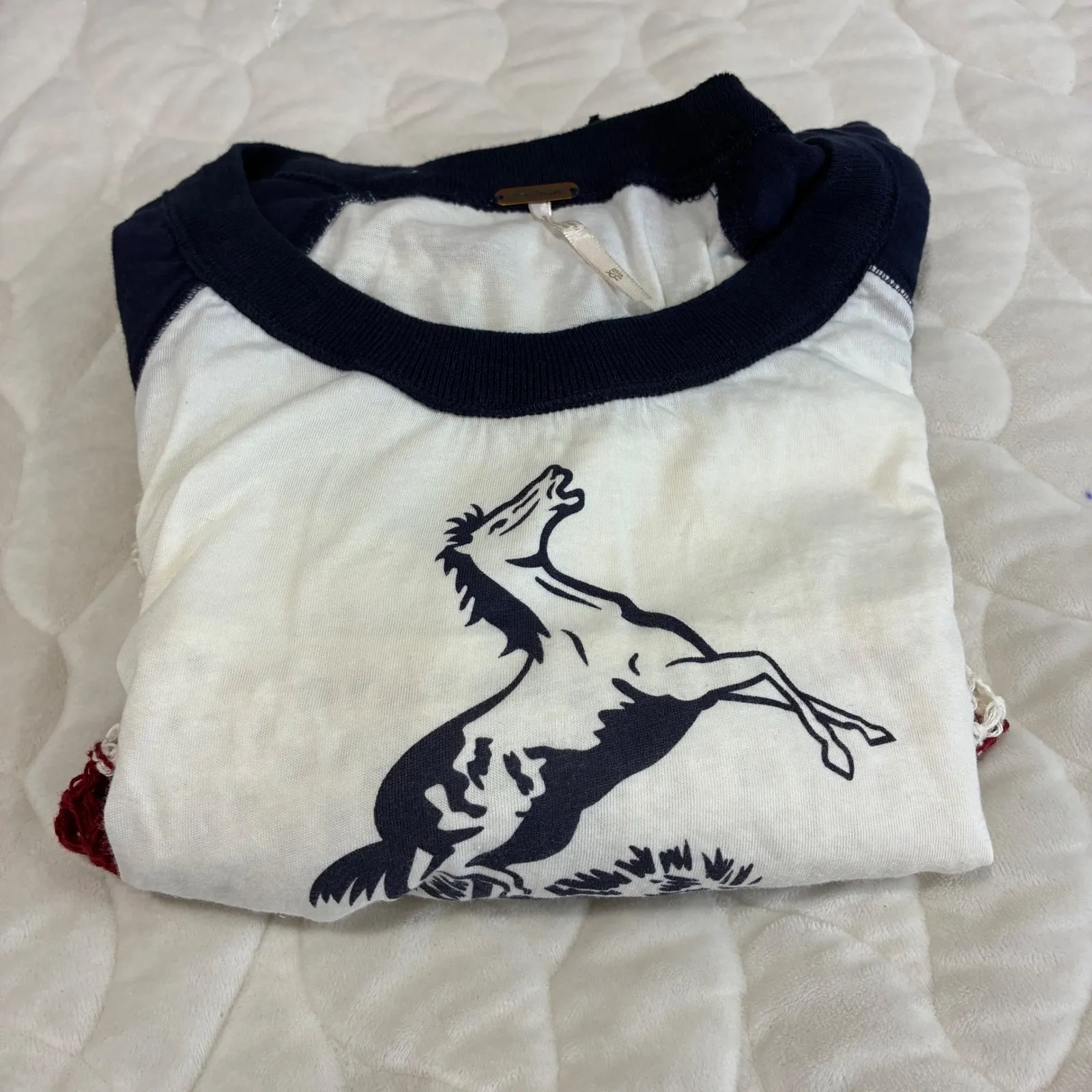 Free People Mustang Band T Shirt Crochet Overlay XS White Red Blue Boho Festival - Image 6