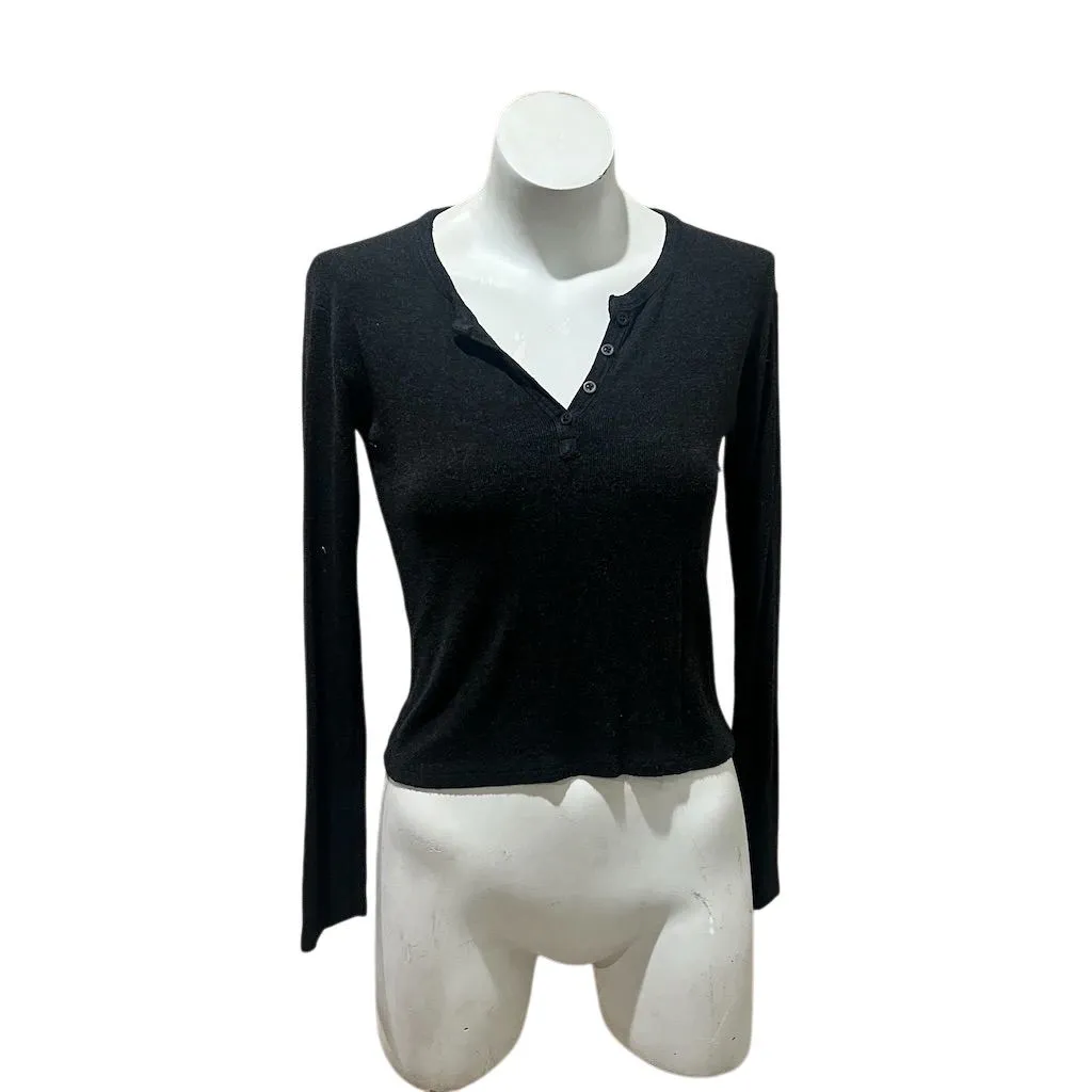 Brandy Melville Women's Black Henley Long Sleeve Button-Up Top M - Image 4