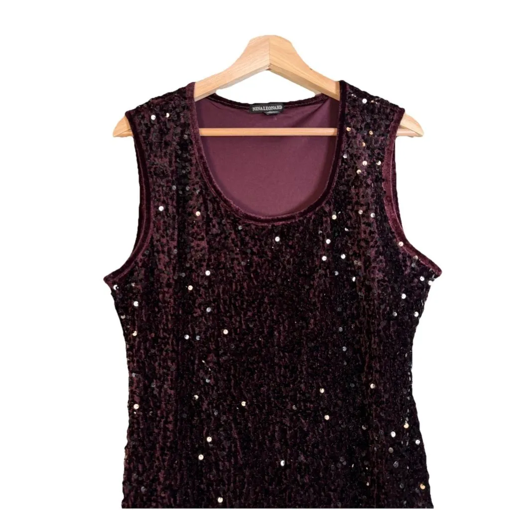 Velvet Sequin Sheath Dress Burgundy Purple Size L Party Holiday Stretch Date - Image 2