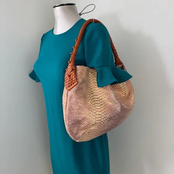 PAOLO MASI Italian Made Metallic SNAKESKIN Leather Bag UNIQUE BRAIDED HANDEL Tan - Image 2