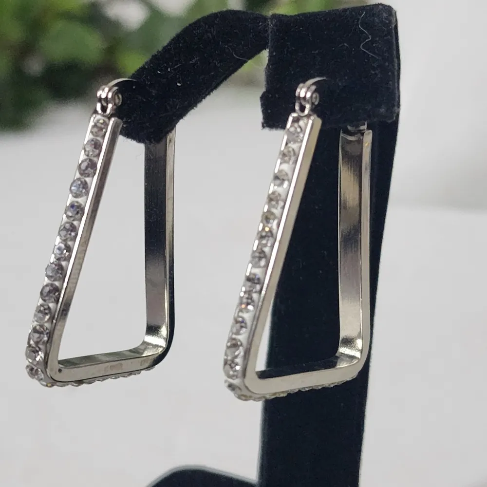 Silver Stainless Steel Triangle with Crystal Earrings - Image 2
