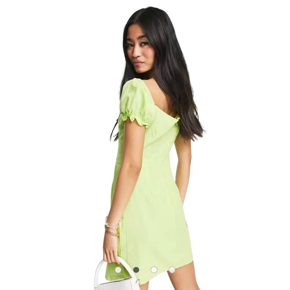 Collective the Label puff sleeve tie front mini dress in lime green US 4 Yellow - Image 2