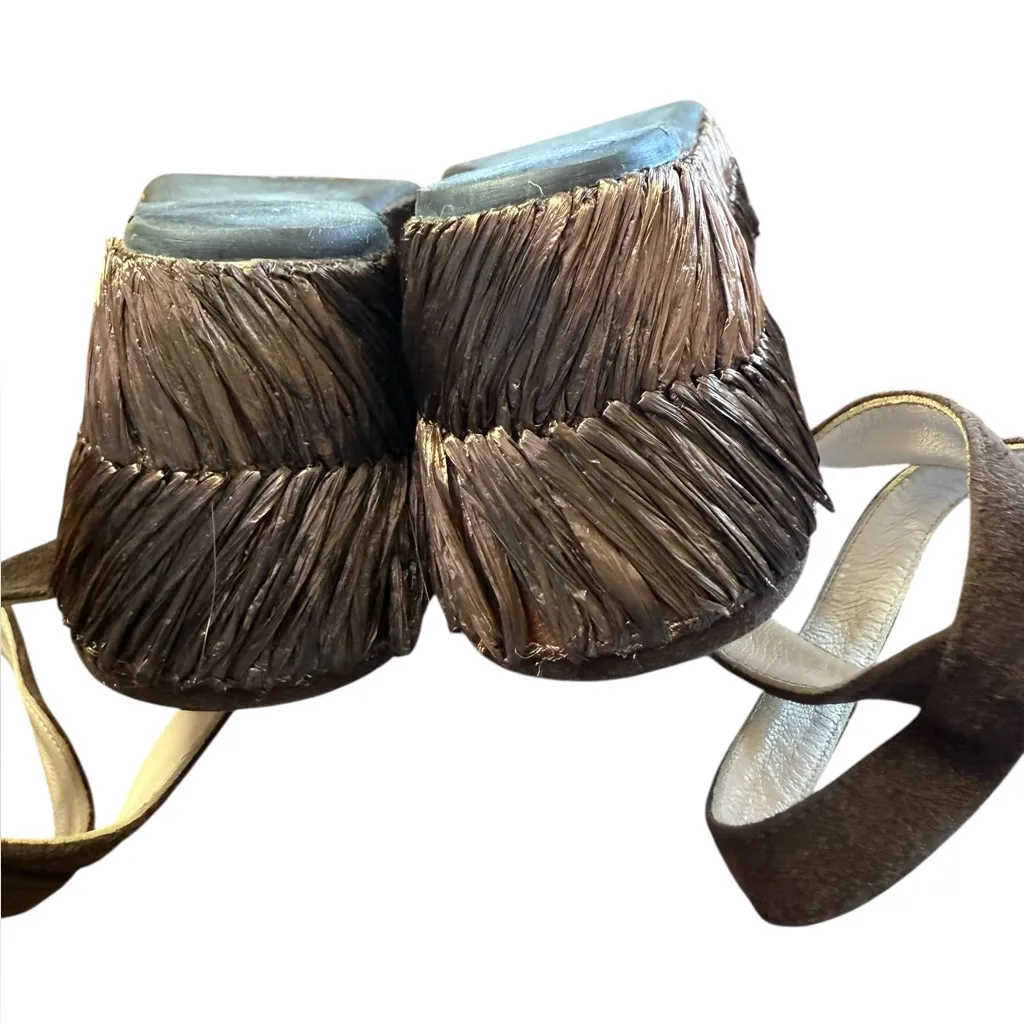 Prada  Brown Raffia Wicker Wedge Sandals - Image 6