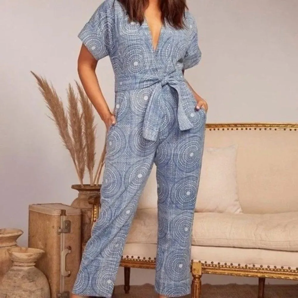 Cleobella Tominaga Indigo Print Short Sleeve Tie Waist Cropped Jumpsuit Romper - Image 9