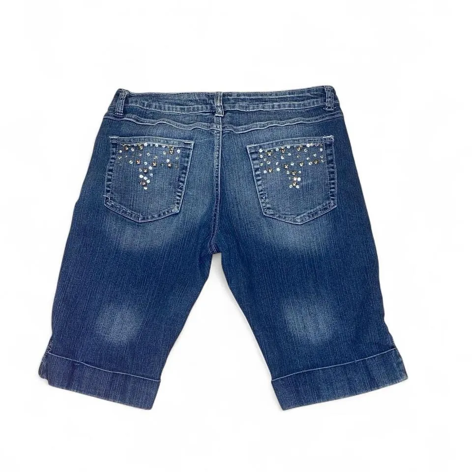 Y2k blue low rise bermuda denim shorts with bedazzled and studded details Size 12 - Image 6