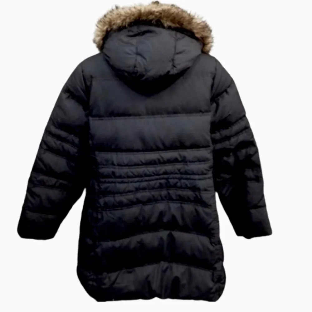 EDDIE BAUER Black Goose Down Hooded Puffer Pea Coat with Faux Fur Trim Sz Large - Image 4