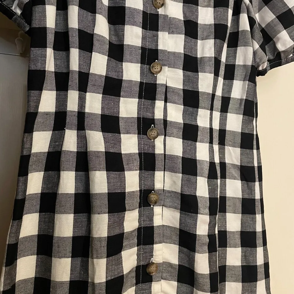 NWT LOFT Gingham Button V-Neck Dress Puff Short Sleeve Black White Size 2 Petite - Image 7