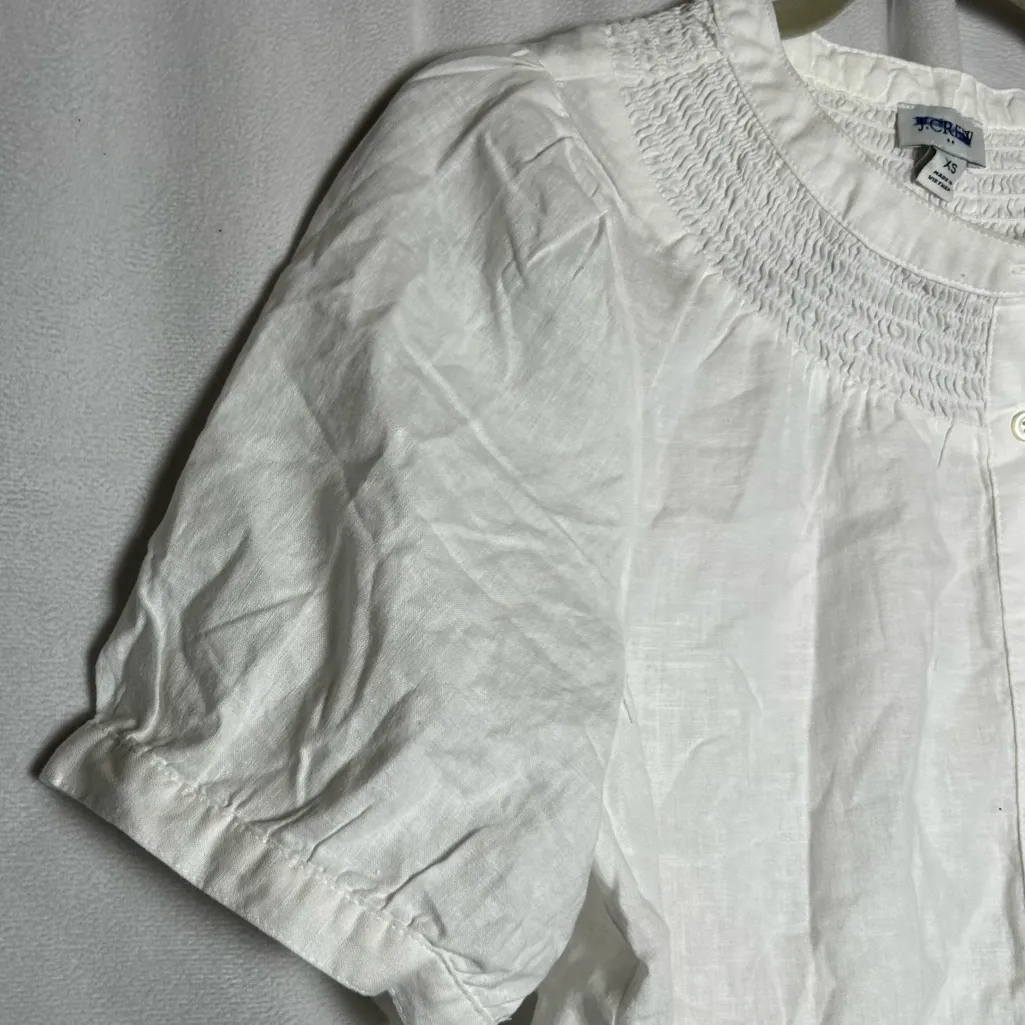 NWT J.Crew Factory White Linen Cotton Blend Smock Neck Short Sleeve Blouse XS - Image 4