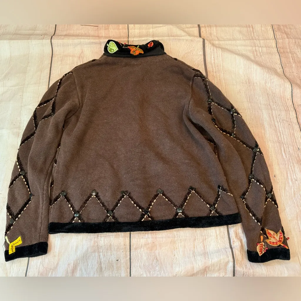 Berek Cardigan Fall Sweater Brown Beaded Medium Thanksgiving Grannycore Vtg - Image 9