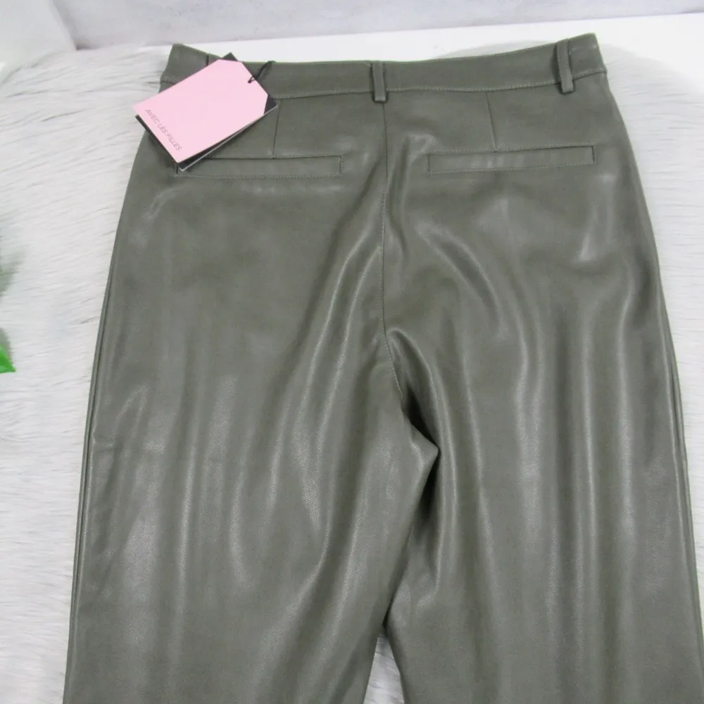 ANTHROPOLOGIE Avec Les Filles Olive Green Vegan Leather Kick-Flare Pants Size 8 - Image 7