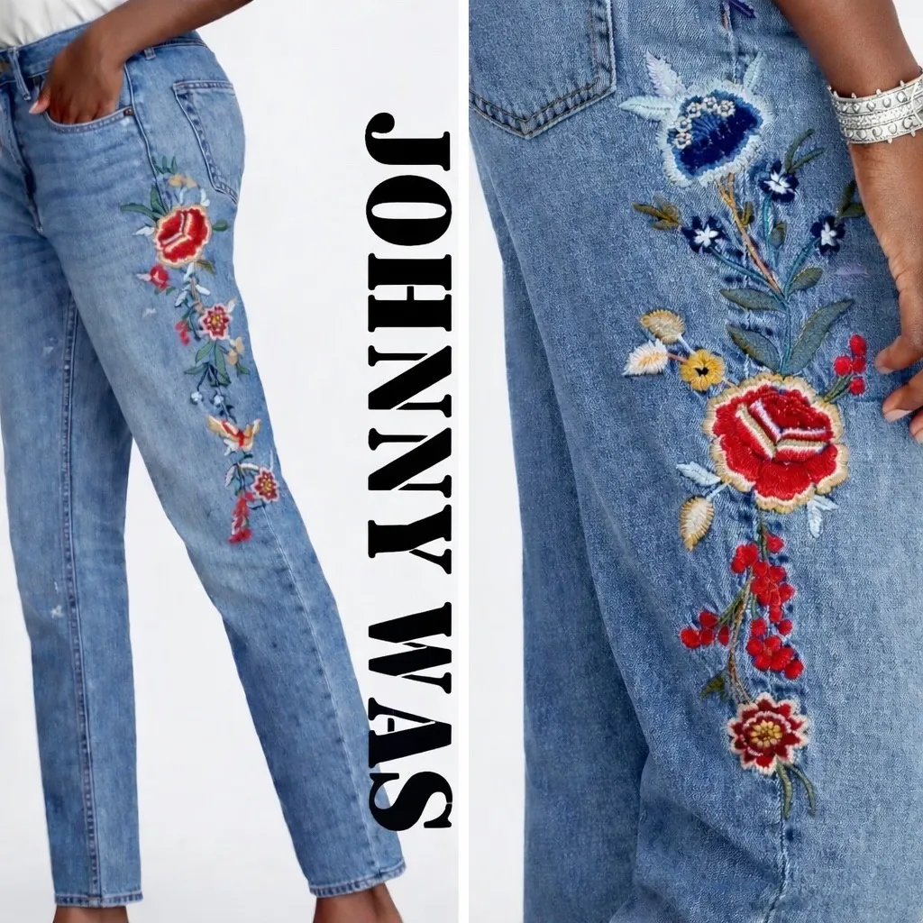 Johnny Was Kali Relaxed Straight Jeans Floral Embroidered High Rise 29 Blue - Image 2