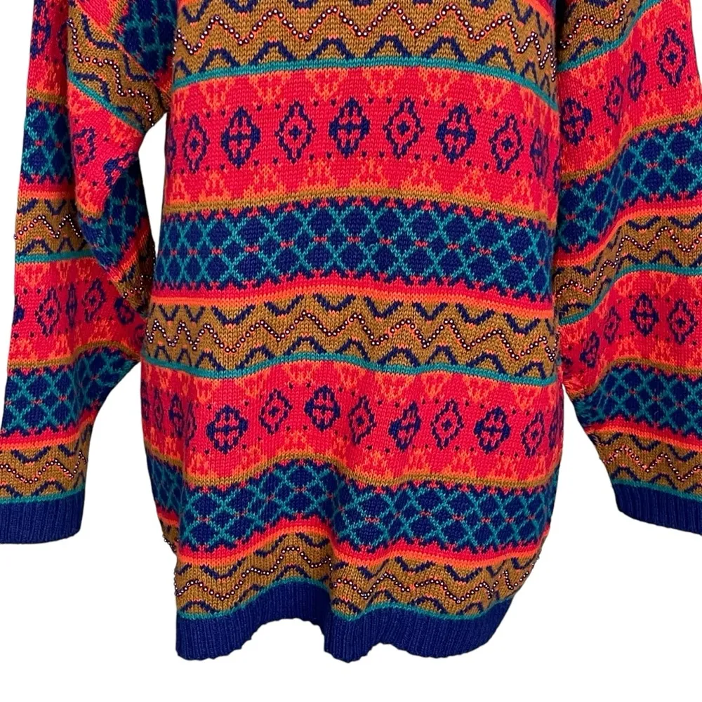 Vintage Paul Harris Colorful Patterned Women's Sweater Size M Beaded Oversized Red Size M - Image 4