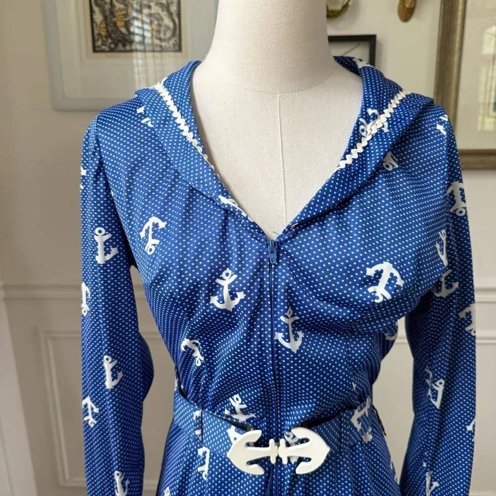 Vintage 70s House of She Ltd Zip Front Anchor Sailor Dress M Blue Size M - Image 5