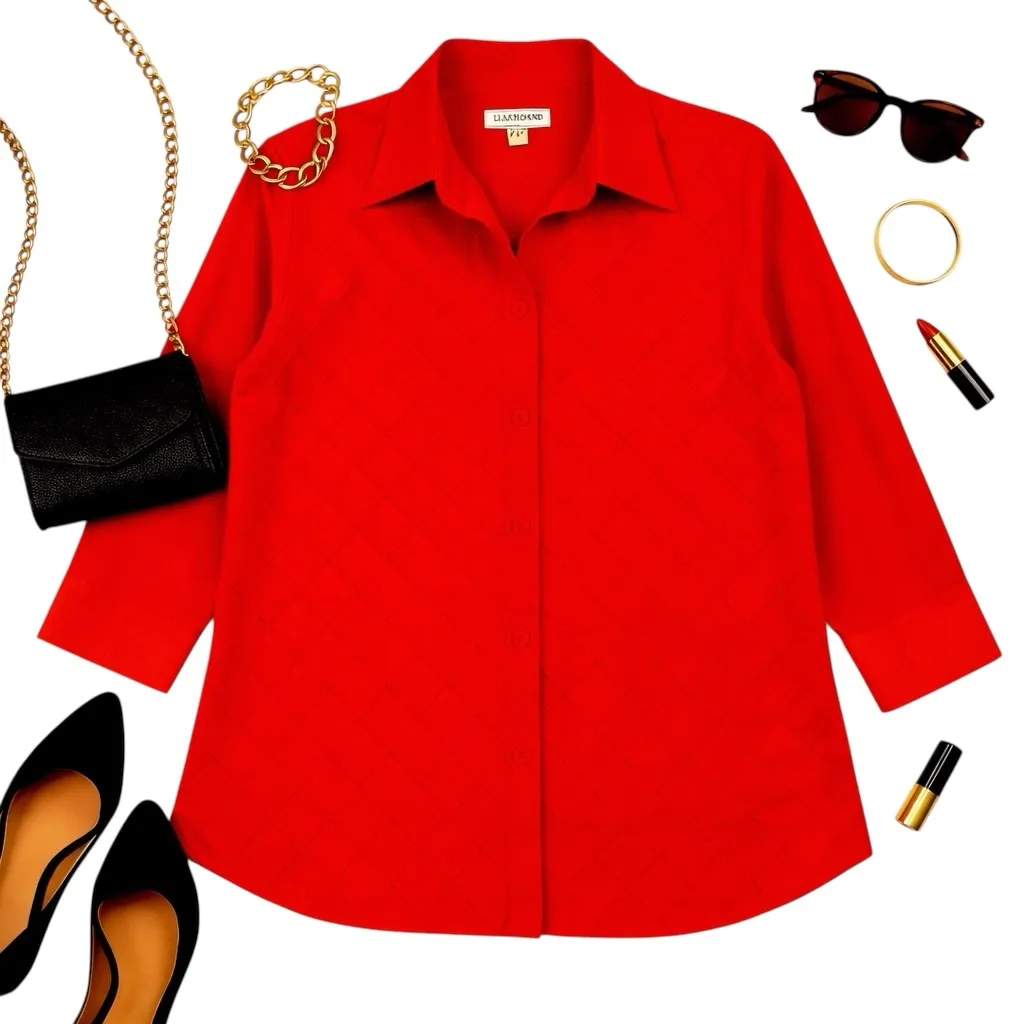 Coldwater Creek 100% Silk Red Diamond Pintuck Button Front Blouse Women’s L GUC - Image 1