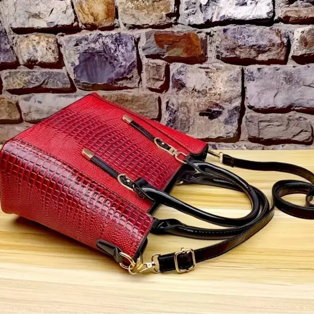 2pcs/Set Crocodile Leather Tote Bag w/Zipper Closure and Detachable Clutch NWT Red - Image 9