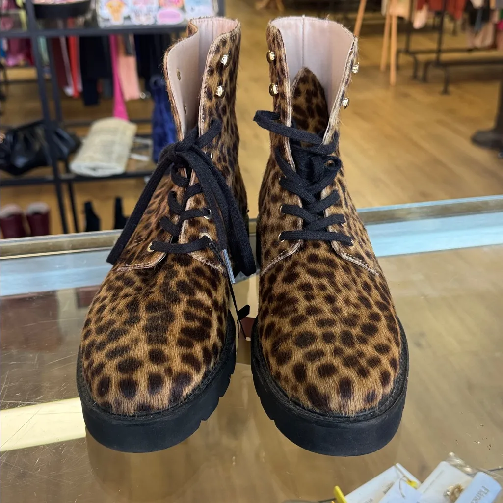 Stuart Weitzman Calf Hair Cheetah Print Combat Boots - Image 2