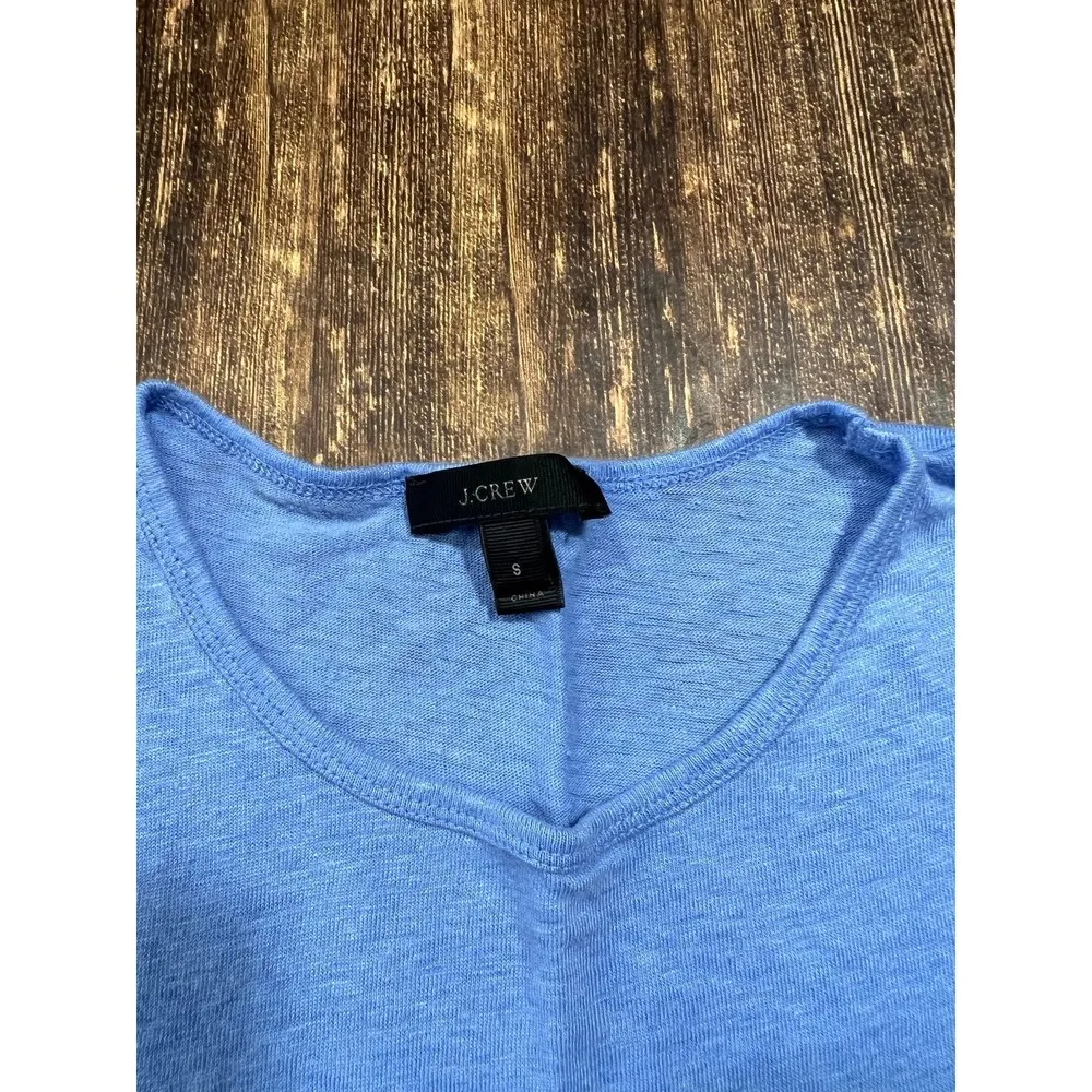 J Crew Ruffled Sleeve Linen Blue Tee Shirt SMALL - Image 3