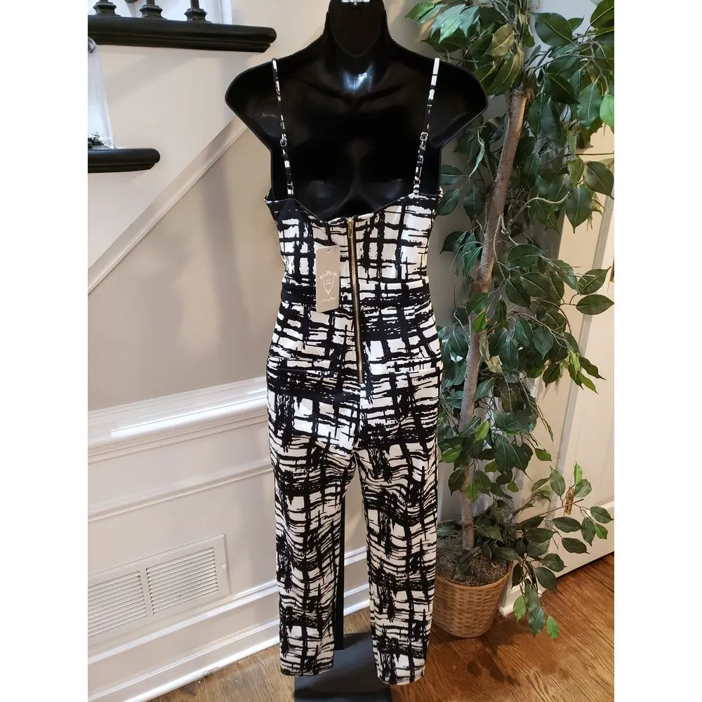 Lucy Wang Black White Abstract Spaghetti Strap Jumpsuit Women's Size S - Image 8