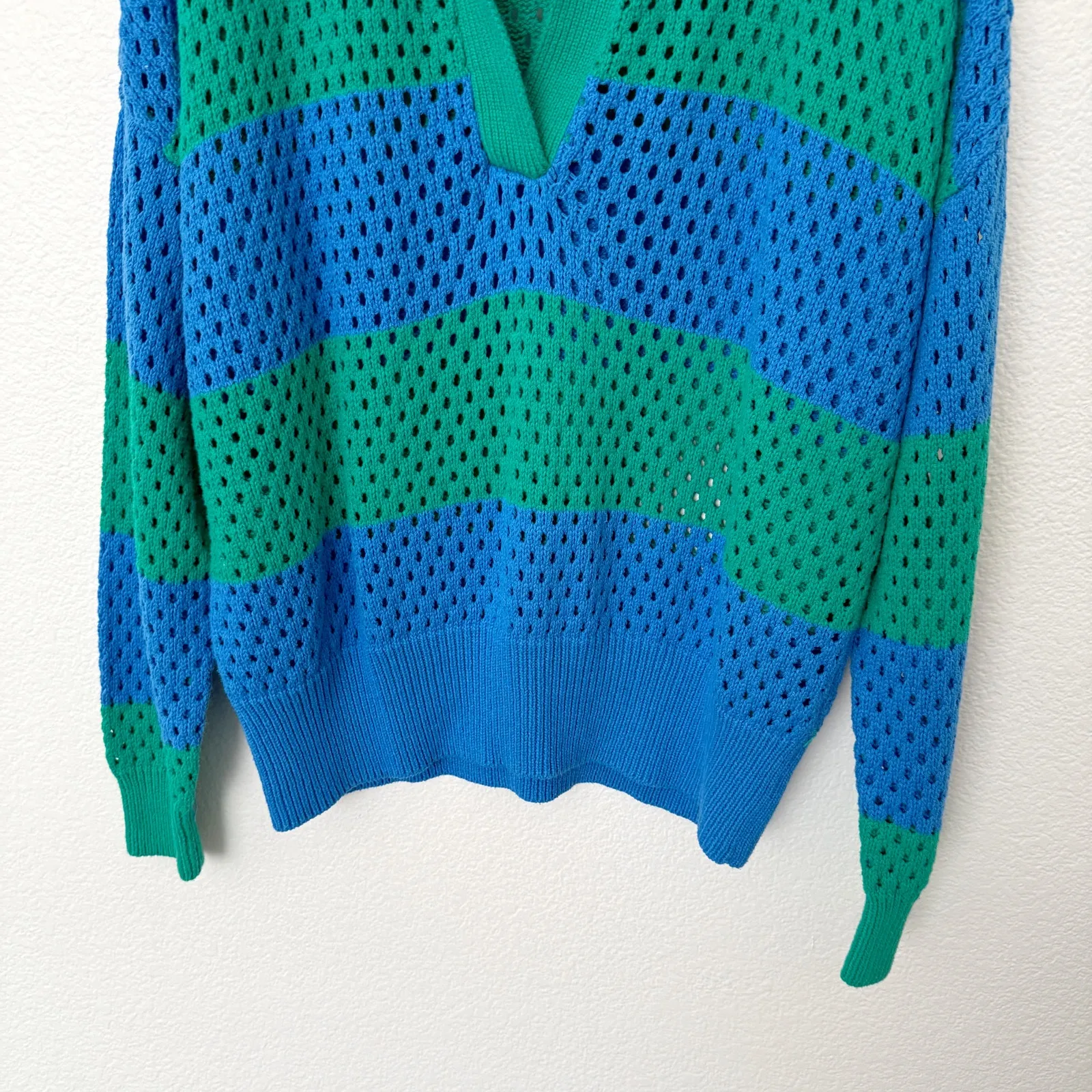 [Beach Riot] Green Blue Rugby Striped Wynn Open Knit Long Sleeve Sweater Large - Image 7