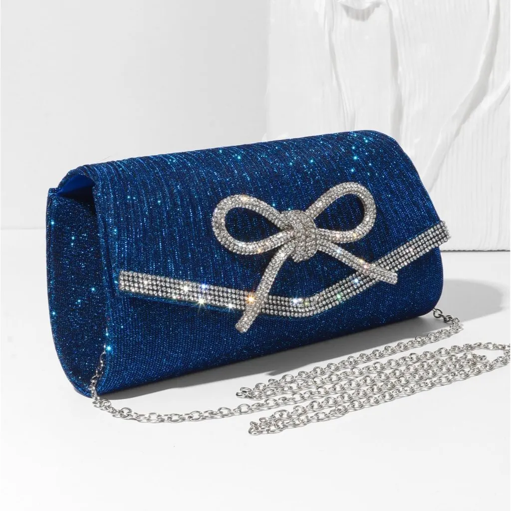 ⚡ Women's Blue Bow Sparkly Glitter Evening Rhinestone Party Prom Clutch Bag - Image 4
