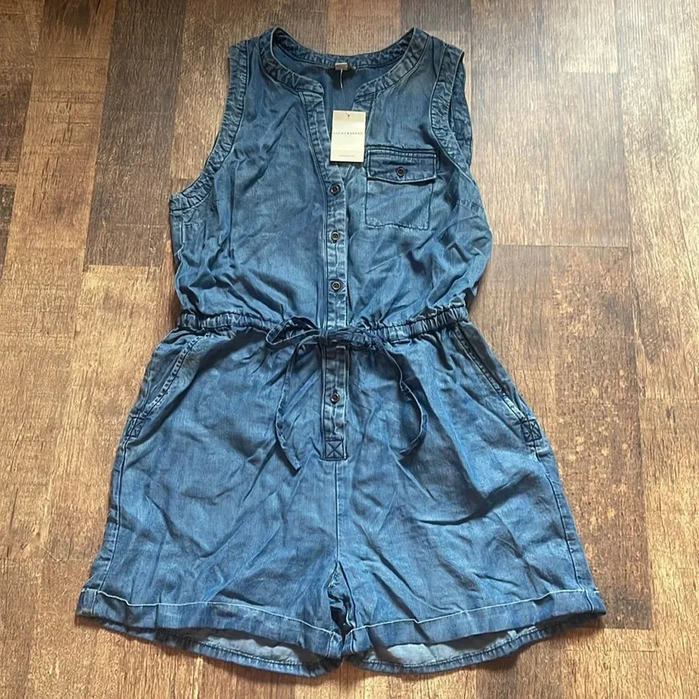 LUCKY BRAND Drawstring Sleeveless Denim Romper with Pockets medium NWT - Image 3