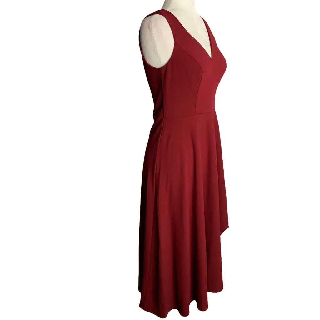 Retro Sleeveless V Neck Midi Swing Dress M Maroon Red Zip High Low Hem NEW Size M - Image 5